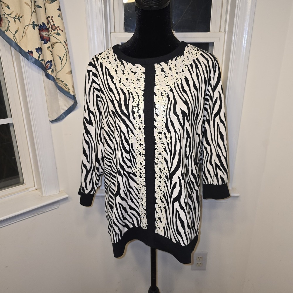C.D. Daniels Zebra Print Embellished 3/4‎ Sleeve Tunic Top, 1X, Animal Print